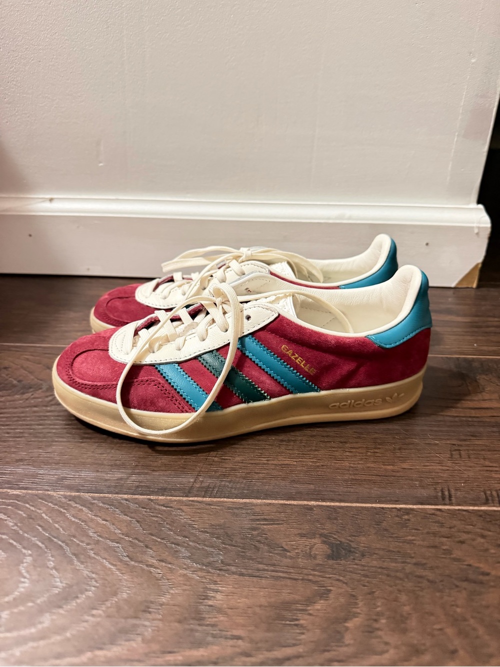 adidas burgundy and teal suede sneakers